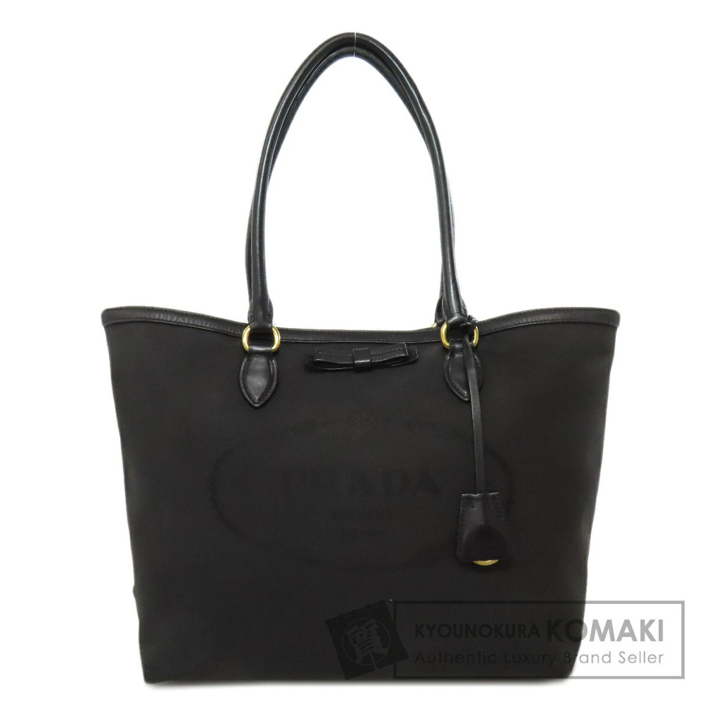 Prada jacquard logo canvas shoulder tote bag distinctive ribbon front
